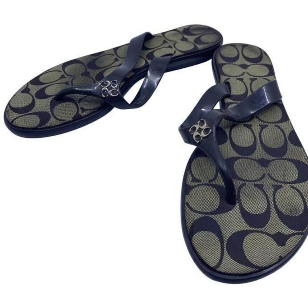 Coach Black and Olive Signature Logo Flip Flop Sandals